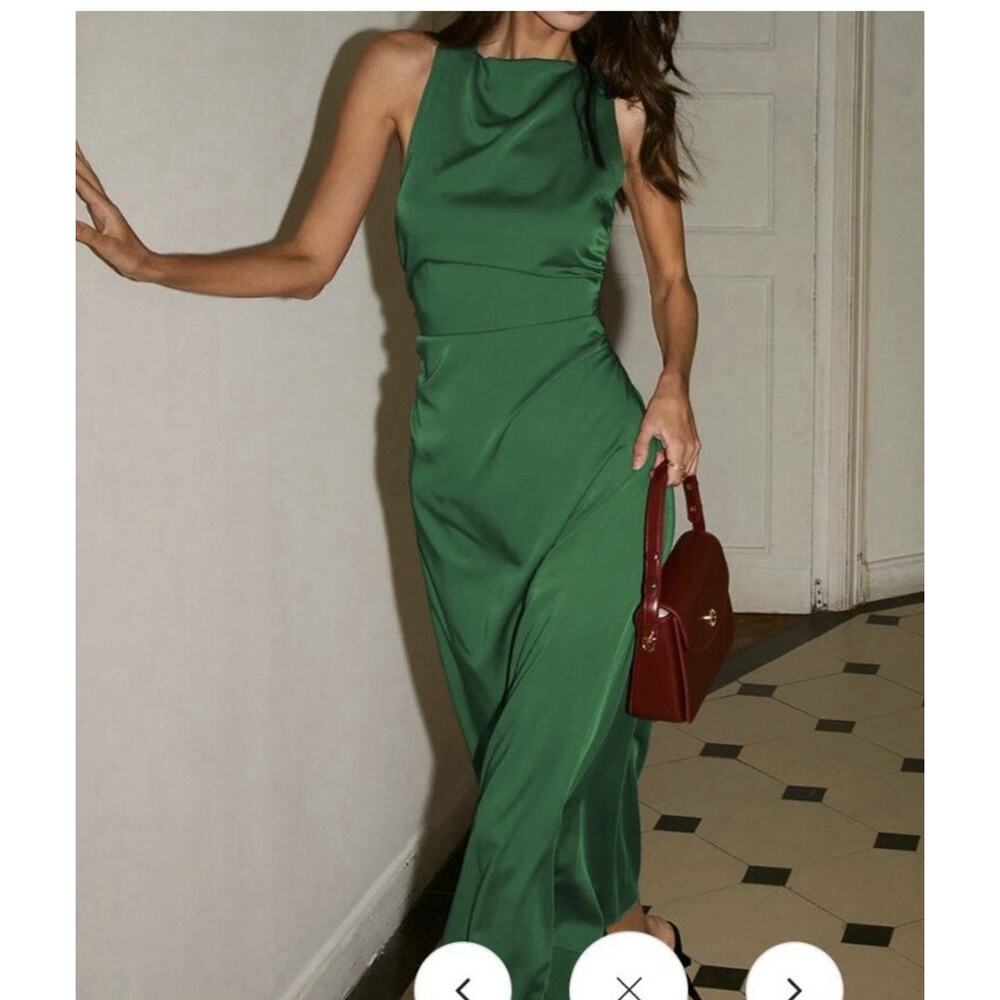 Commense Deep Green Satin Halter Mini Dress